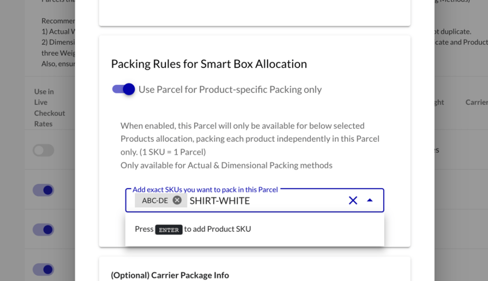 Interface to allot SKUs to a specific Parcel size